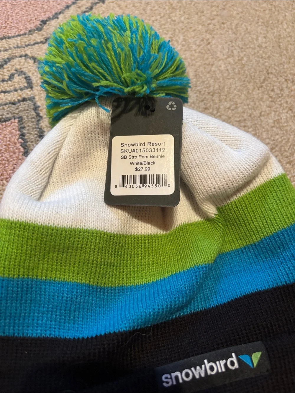 Snowbird Striped Pom Beanie - Black, Blue & Green